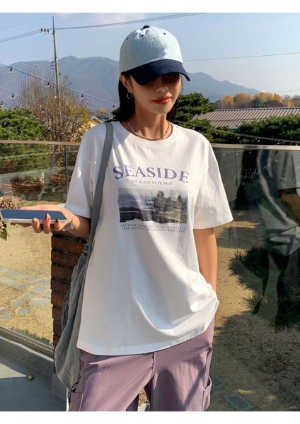Blacksokak Kadın Beyaz Seasıde Baskılı Oversize Bisiklet Yaka Tshirt modelleri