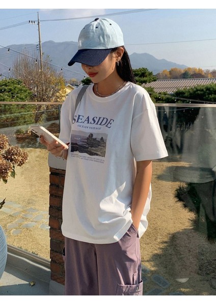 Blacksokak Kadın Beyaz Seasıde Baskılı Oversize Bisiklet Yaka Tshirt fırsatları