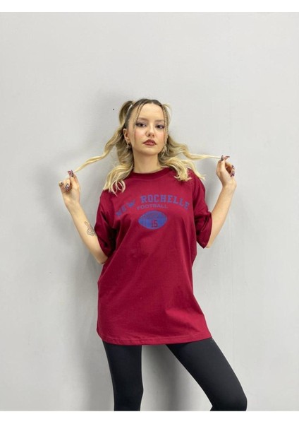 Blacksokak Kadın Bordo New Rochelle Baskılı Oversize Bisiklet Yaka Tshirt