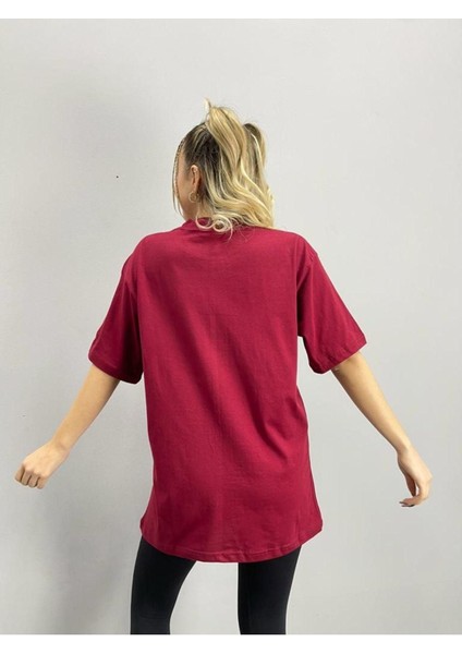 Blacksokak Kadın Bordo New Rochelle Baskılı Oversize Bisiklet Yaka Tshirt modelleri