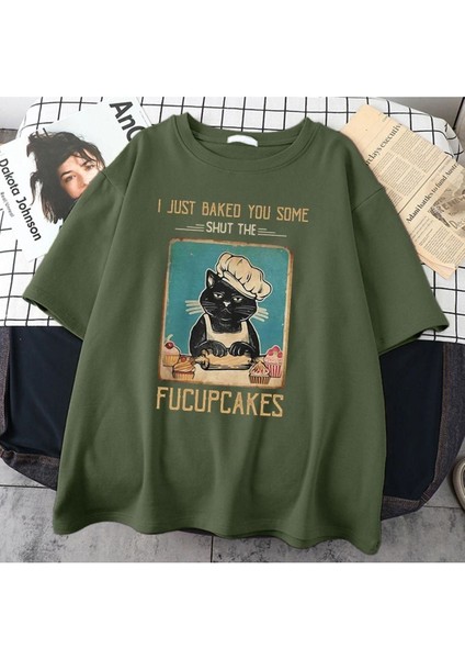 Blacksokak Kadın Haki Fucupcakes Baskılı Oversize Bisiklet Yaka Tshirt