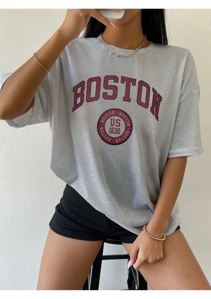 Blacksokak Kadın Gri Boston Baskılı Oversize Bisiklet Yaka Tshirt