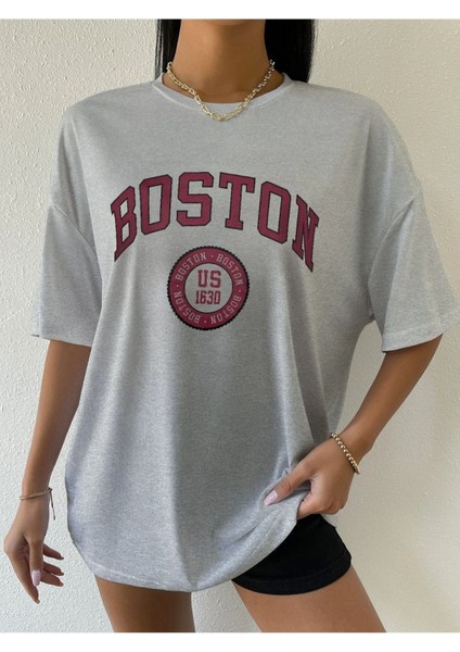 Blacksokak Kadın Gri Boston Baskılı Oversize Bisiklet Yaka Tshirt modelleri