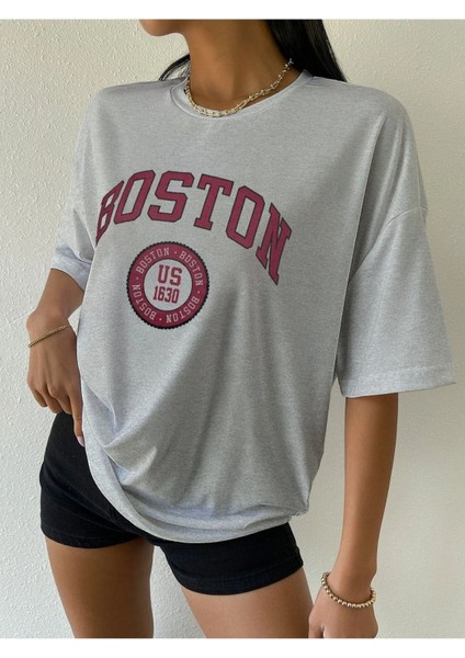 Blacksokak Kadın Gri Boston Baskılı Oversize Bisiklet Yaka Tshirt fırsatları