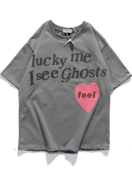 Unisex Gri Lucky Me Baskılı Oversize Bisiklet Yaka Tshirt