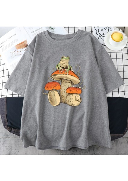 Blacksokak Erkek Gri Mantar Baskılı Oversize Bisiklet Yaka Tshirt