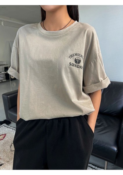 Kadın Gri Mountaın Oversize Bisiklet Yaka Tshirt