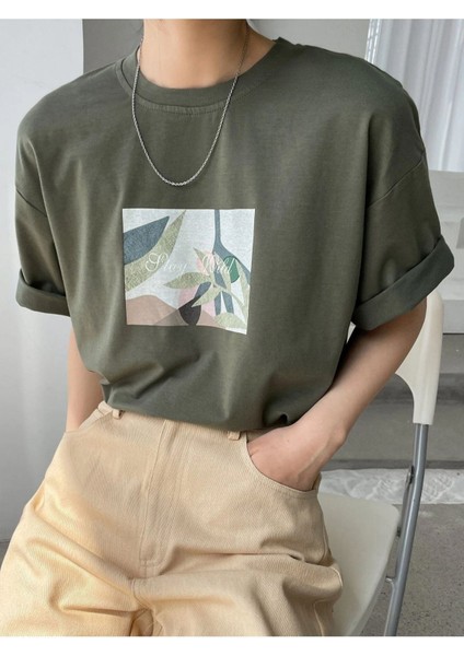 Blacksokak Kadın Haki Çiçek Baskılı Oversize Bisiklet Yaka Tshirt