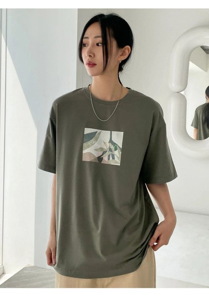 Blacksokak Kadın Haki Çiçek Baskılı Oversize Bisiklet Yaka Tshirt modelleri