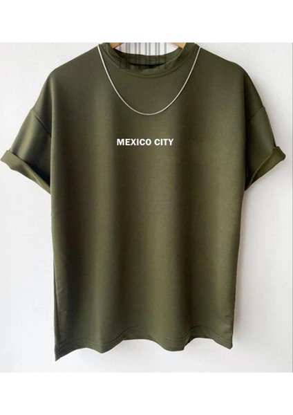 Erkek Haki Mexıco Cıty Baskılı Oversize Bisiklet Yaka Tshirt