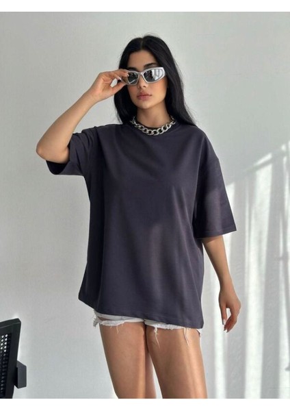 Kadın Füme Boş Oversize Bisiklet Yaka Tshirt