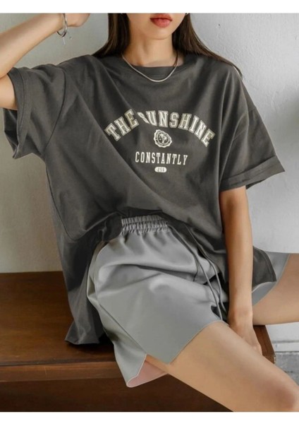 Kadın Füme The Sunshine Baskılı Oversize Bisiklet Yaka Tshirt