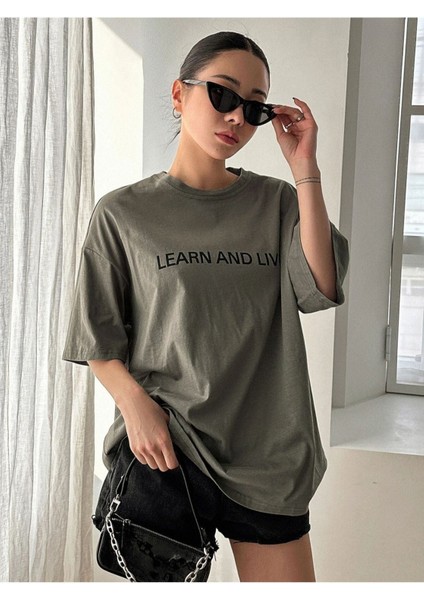 Blacksokak Kadın Haki Learn Baskılı Bisiklet Yaka Tshirt