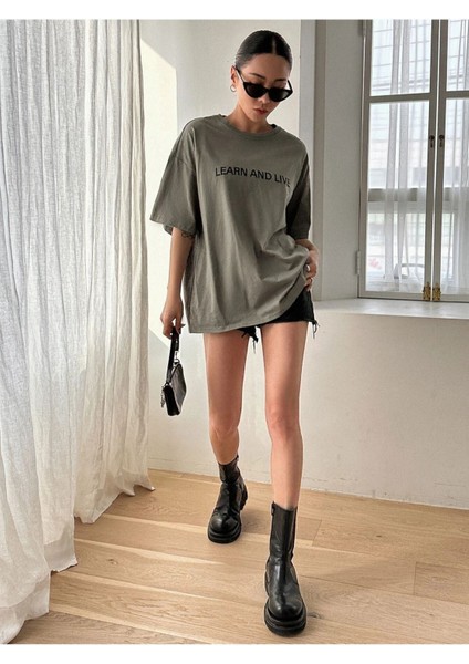 Blacksokak Kadın Haki Learn Baskılı Bisiklet Yaka Tshirt modelleri