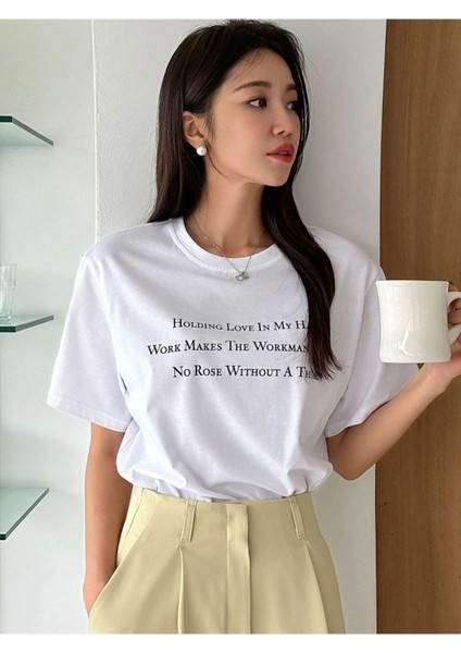 Blacksokak Kadın Beyaz Yazılı Baskılı Oversize Bisiklet Yaka Tişört