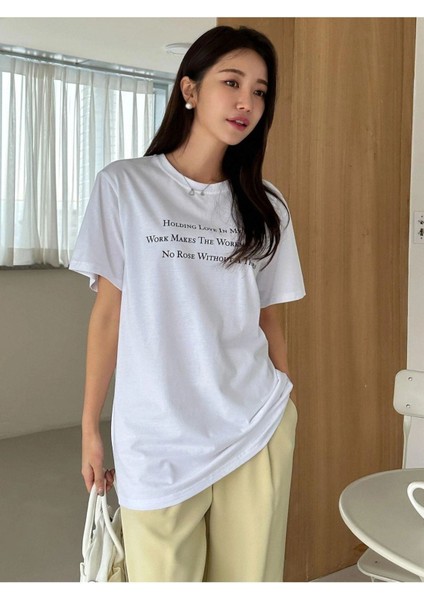 Blacksokak Kadın Beyaz Yazılı Baskılı Oversize Bisiklet Yaka Tişört modelleri