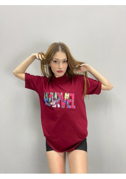 Blacksokak Kadın Bordo Marvel Baskılı Oversize Bisiklet Yaka Tshirt fiyatları