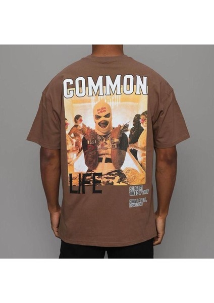Blacksokak Erkek Kahverengi Common Baskılı Oversize Bisiklet Yaka Tshirt