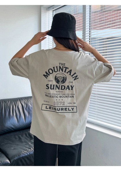 Kadın Gri Mountaın Oversize Bisiklet Yaka Tshirt