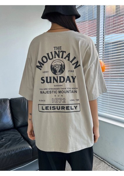 Kadın Gri Mountaın Oversize Bisiklet Yaka Tshirt modelleri