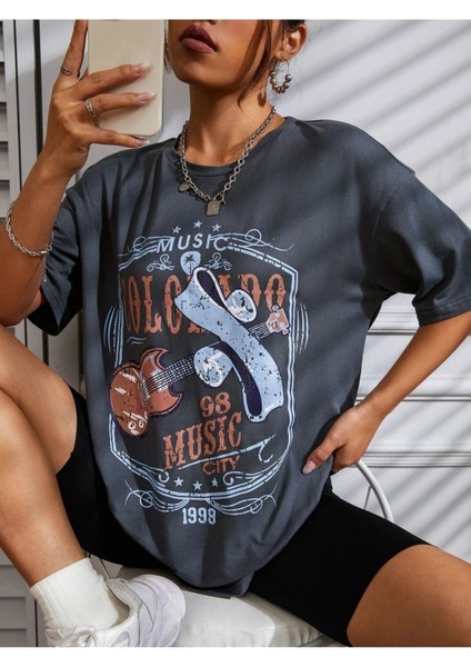 Blacksokak Kadın Gri 98 Musıc Cıty Oversize Bisiklet Yaka Tshirt