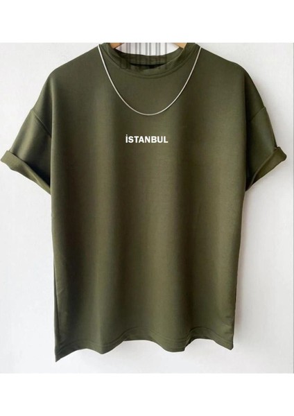 Erkek Haki Istanbul Baskılı Oversize Bisiklet Yaka Tshirt