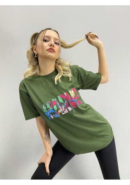 Blacksokak Kadın Haki Marvel Baskılı Oversize Bisiklet Yaka Tshirt