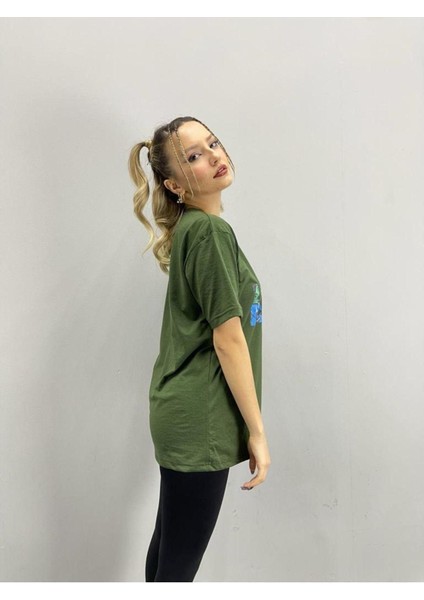 Blacksokak Kadın Haki Marvel Baskılı Oversize Bisiklet Yaka Tshirt modelleri