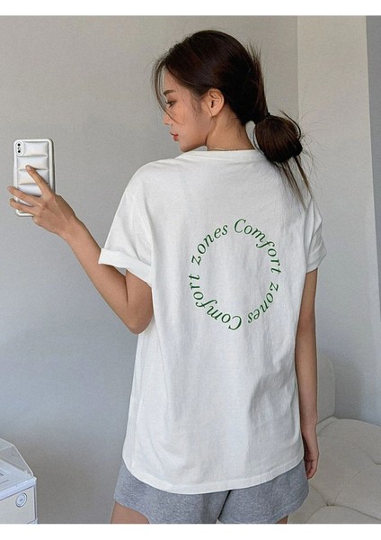 Blacksokak Kadın Beyaz Zones Comfort Baskılı Oversize Bisiklet Yaka Tshirt