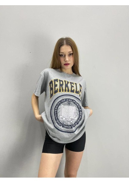 Blacksokak Kadın Gri Berkeley Baskılı Oversize Bisiklet Yaka Tshirt