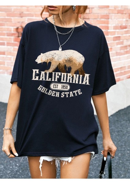 Blacksokak Kadın Lacivert Bear Calıfornıa Baskılı Oversize Bisiklet Yaka Tişört