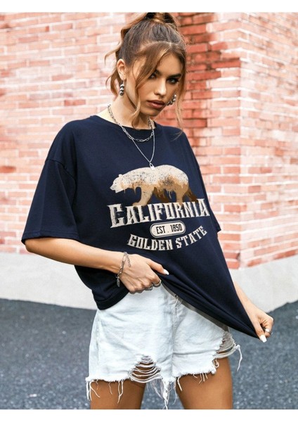 Blacksokak Kadın Lacivert Bear Calıfornıa Baskılı Oversize Bisiklet Yaka Tişört modelleri