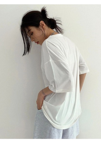 Blacksokak Kadın Mavi Ejderha Baskılı Oversize Bisiklet Yaka Tshirt