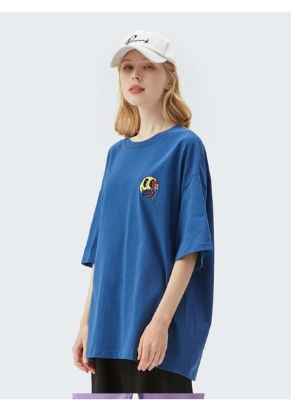 Blacksokak Kadın Mavi Emoji Baskılı Bisiklet Yaka Tshirt modelleri