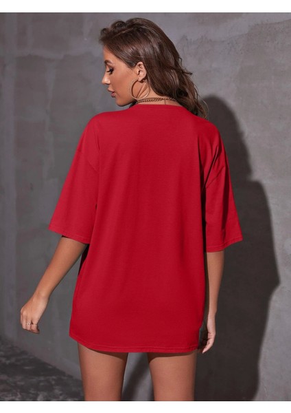 Blacksokak Kadın Kırmızı Mıamı Baskılı Oversize Bisiklet Yaka Tshirt fiyatları