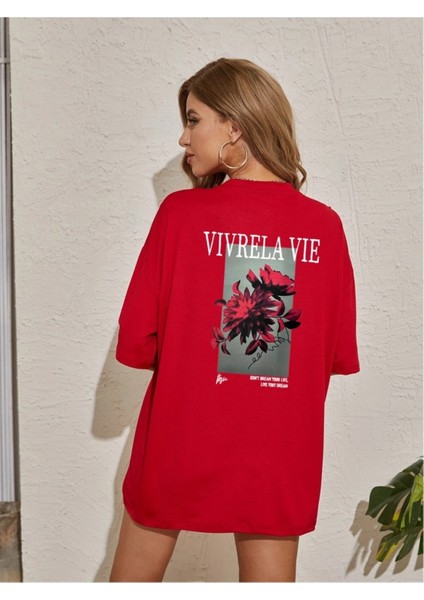 Unisex Kırmızı Vivre La Vie Baskılı Oversize Bisiklet Yaka Penye Tişört