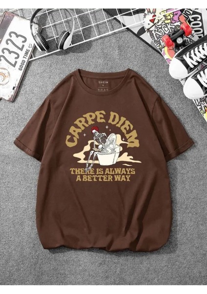 Blacksokak Unisex Kahverengi Carpe Diem Baskılı Oversize T-Shirt