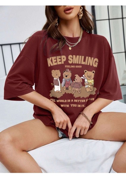 Blacksokak Kadın Kahverengi Keep Smılıng Oversize Bisiklet Yaka Tshirt