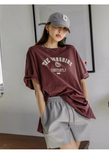 Kadın Kahverengi Beyaz The Sunshine Baskılı Oversize Bisiklet Yaka Tshirt fiyatları