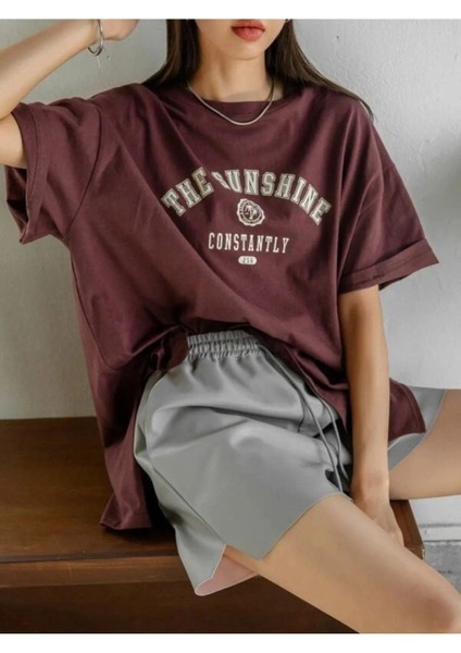 Kadın Kahverengi Beyaz The Sunshine Baskılı Oversize Bisiklet Yaka Tshirt modelleri