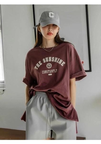 Kadın Kahverengi Beyaz The Sunshine Baskılı Oversize Bisiklet Yaka Tshirt fırsatları