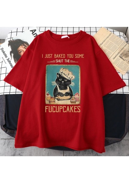 Blacksokak Kadın Kırmızı Fucupcakes Baskılı Oversize Bisiklet Yaka Tshirt