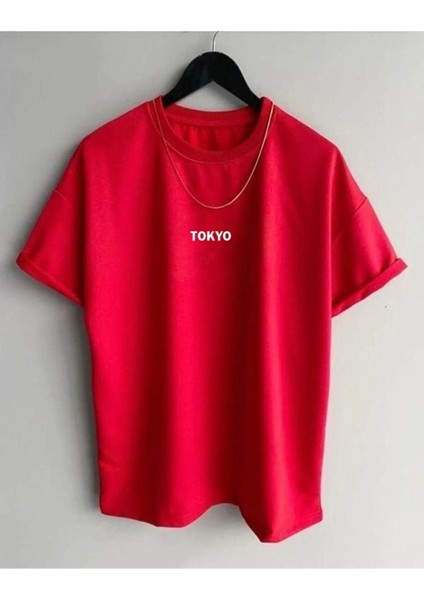 Erkek Kırmızı Tokyo Baskılı Oversize Bisiklet Yaka Tshirt