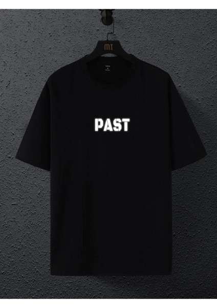 Erkek Siyah Into The Past Baskılı Oversize Bisiklet Yaka Tshirt