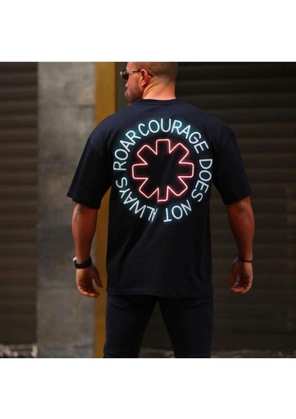 Blacksokak Erkek Siyah Roar Courage Baskılı Oversize Bisiklet Yaka Tshirt