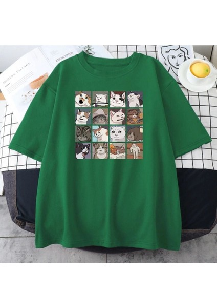 Blacksokak Erkek Yeşil Cat Baskılı Oversize Bisiklet Yaka Tshirt