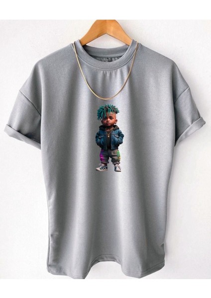Blacksokak Erkek Gri Rapçı Oversize Bisiklet Yaka Tshirt