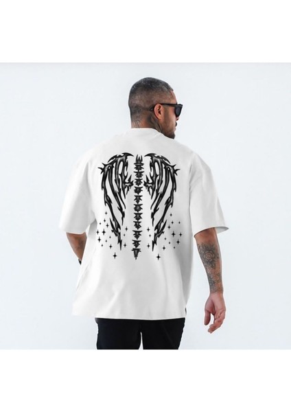 Blacksokak Kadın Beyaz Yıldızlı Melek Kanadı Baskılı Bisiklet Yaka Tshirt