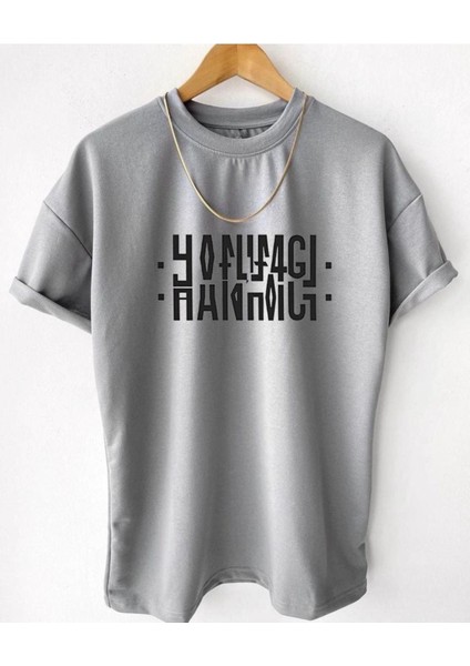 Blacksokak Unisex Gri Hanımcı Baskılı Katlamalı Bisiklet Yaka Tişört