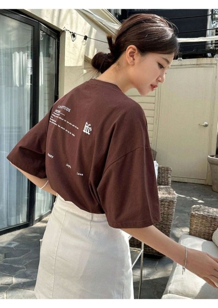 Blacksokak Kadın Kahverengi Life Baskılı Oversize Bisiklet Yaka Tişört